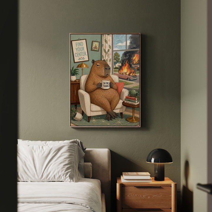 "I'm Fine Thanks" - Capybara Vertical Framed Canvas - Dark Burnout Humor Wall Art