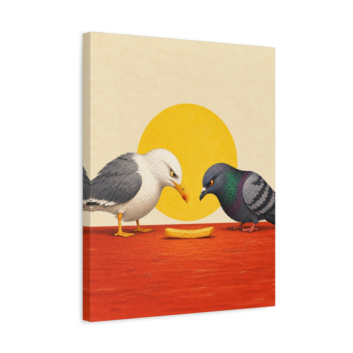The Last Fry – Funny Kitchen Art with a Seagull and Pigeon Standoff – Canvas / Framed Canvas