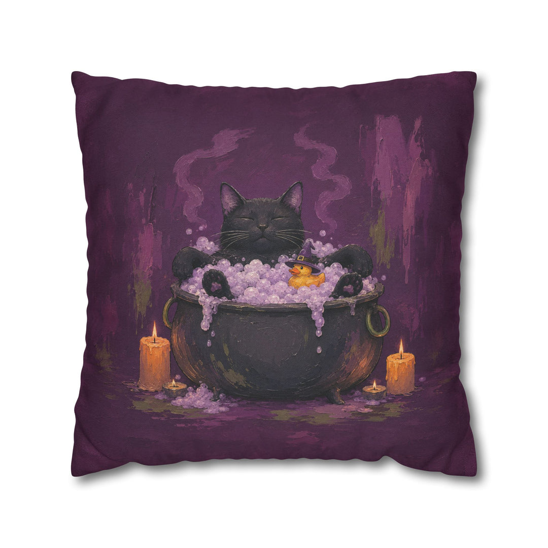 The Familiar's Bath Night – Black Cat Art with a Bubbling Cauldron Soak – Pillow / Cover