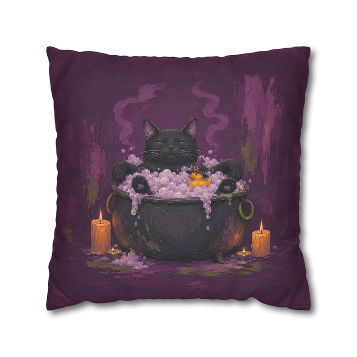 The Familiar's Bath Night – Black Cat Art with a Bubbling Cauldron Soak – Pillow / Cover