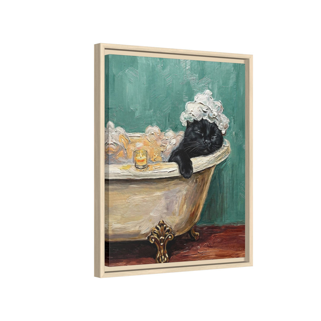 "Spa Day" - Black Vertical Framed Canvas - Cat Lover Wall Art