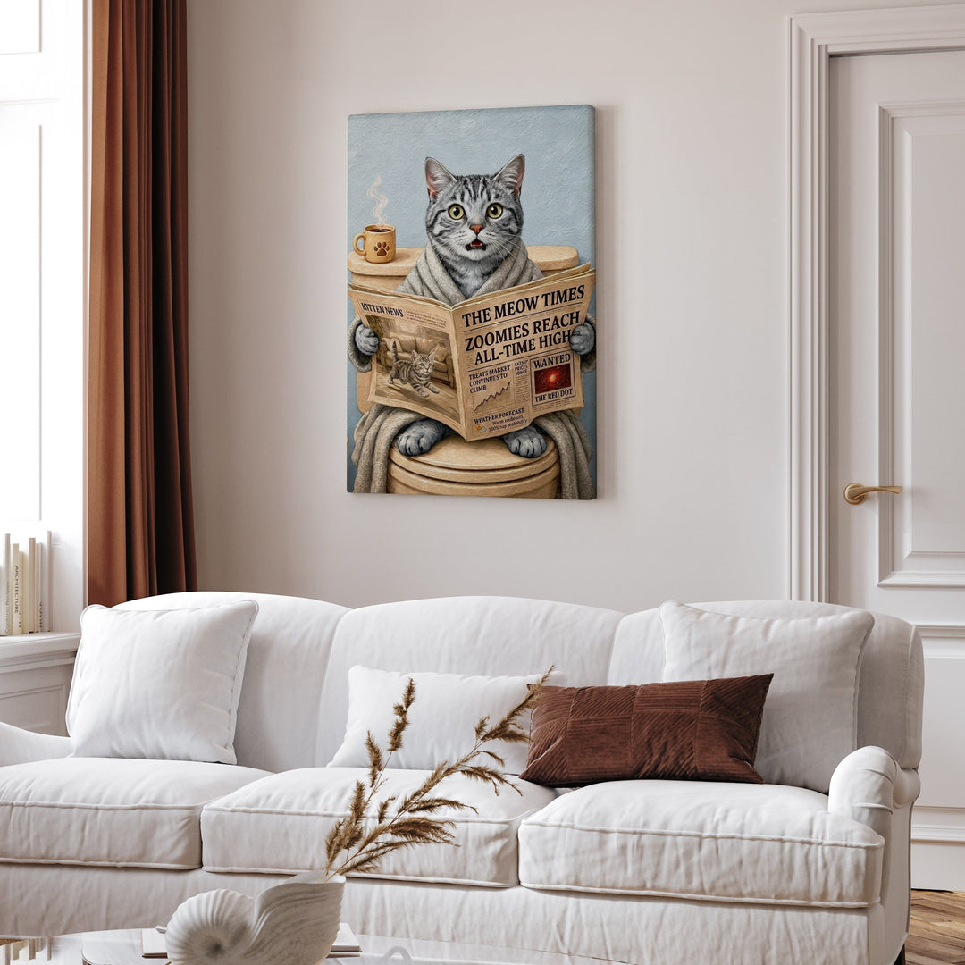 "Morning Business" - Grey Silver Tabby Vertical Canvas - Cat Lover Wall Art