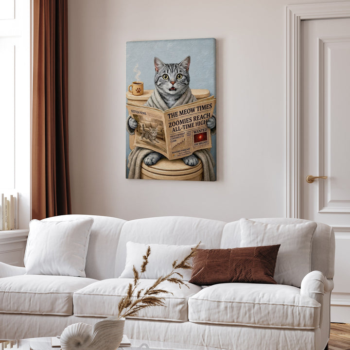 "Morning Business" - Grey Silver Tabby Vertical Canvas - Cat Lover Wall Art