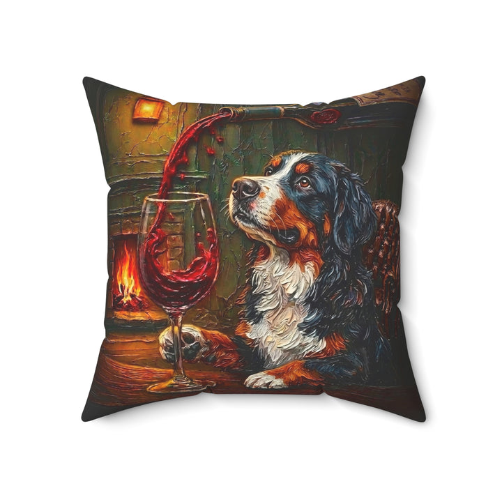 "Wine & Woof" - Bernese Mountain Dog Throw Pillow - Dog Lover Home Decor