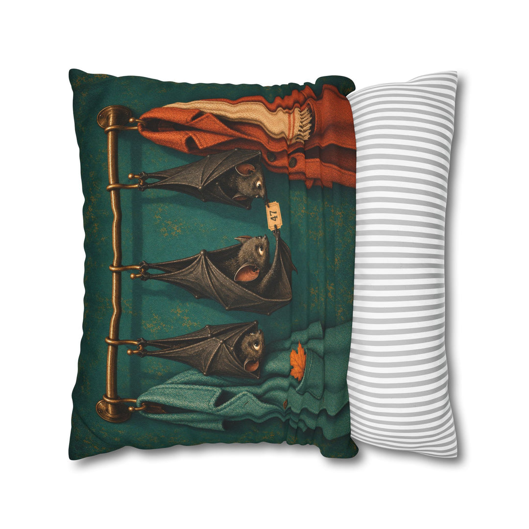 Bat Coat Check – Halloween Wall Art with Upside Down Guests on a Rack – Pillow / Cover
