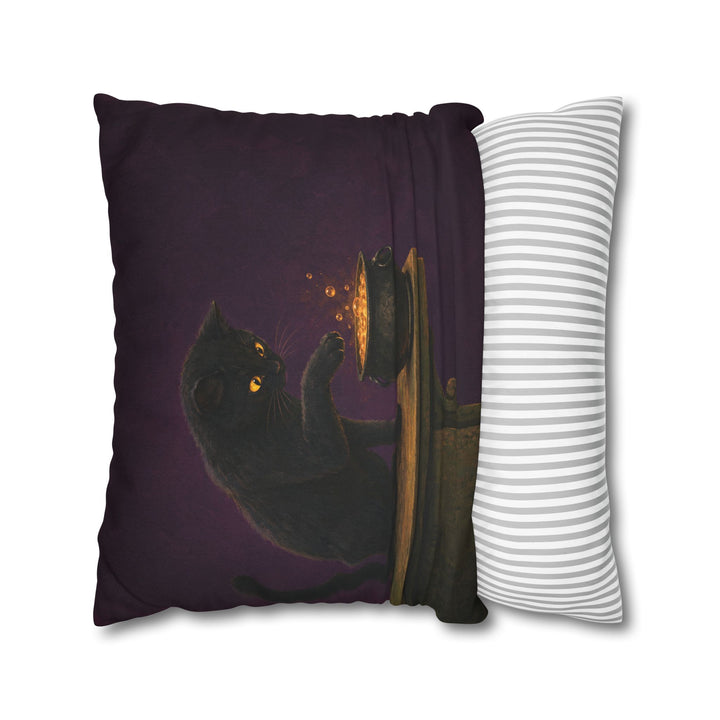 Potion Quality Control – Whimsigoth Decor with a Paw Over a Bubbling Brew – Pillow / Cover