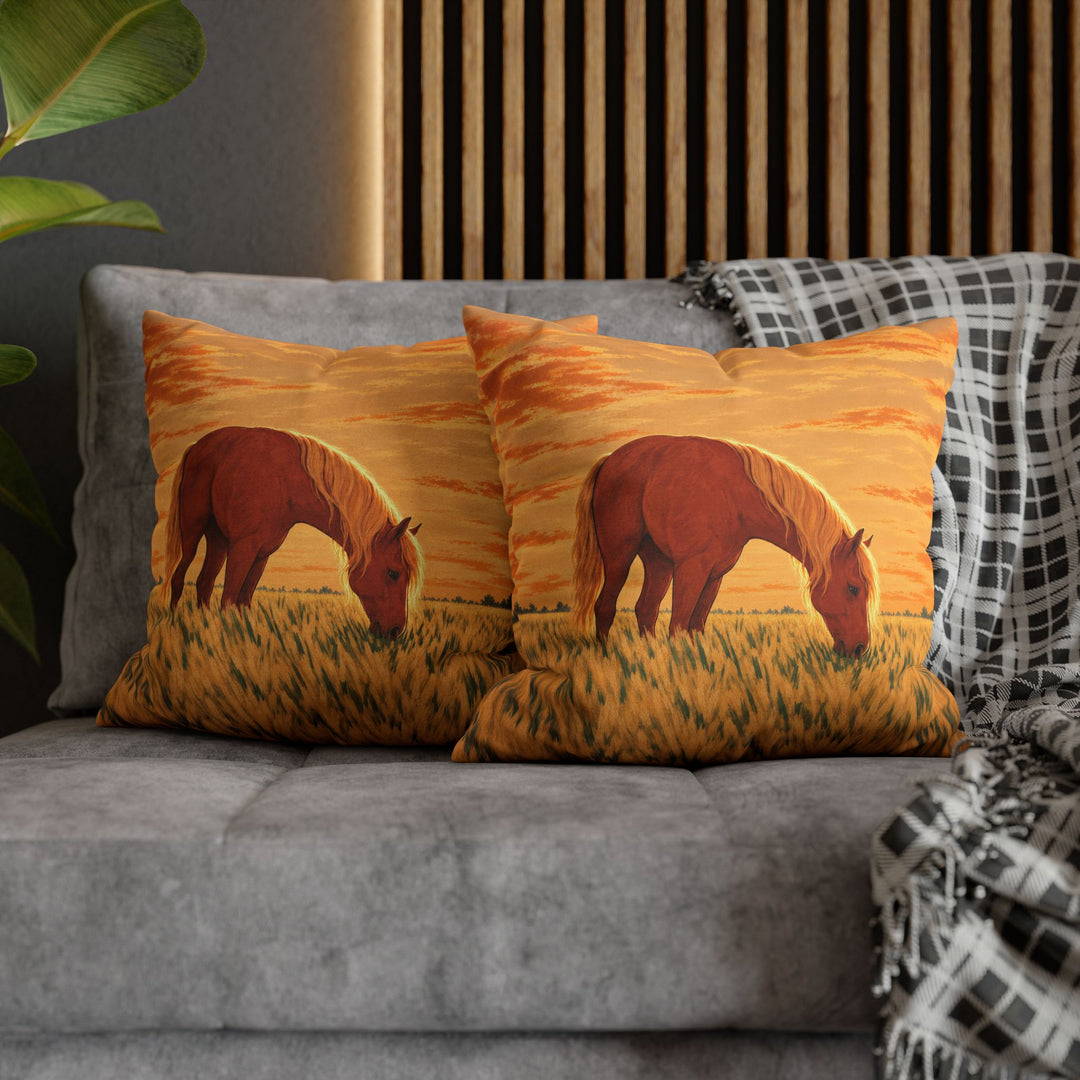 Golden Hour Grazer – Horse Painting with a Backlit Evening Pasture – Pillow / Cover