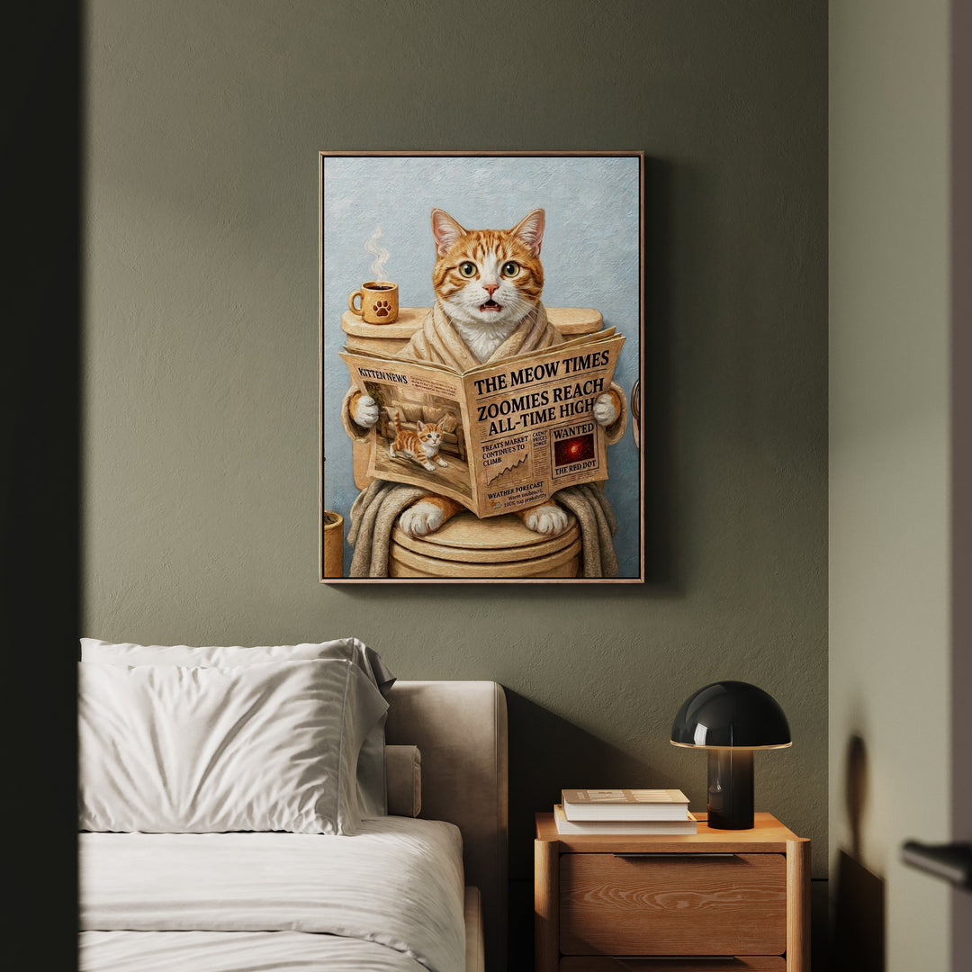 "Morning Business" - Orange & White Tabby Vertical Framed Canvas - Cat Lover Wall Art