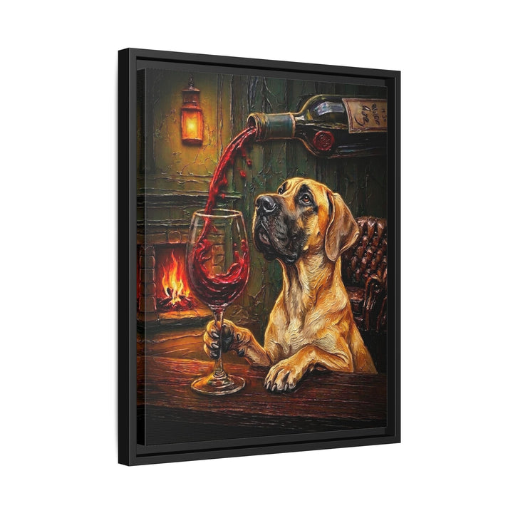 "Wine & Woof" - Great Dane Vertical Framed Canvas - Dog Lover Wall Art