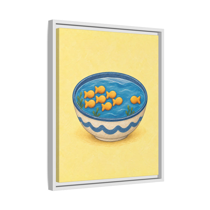 Fish Cracker School – Funny Kitchen Art with Crackers Swimming in a Bowl – Canvas / Framed Canvas