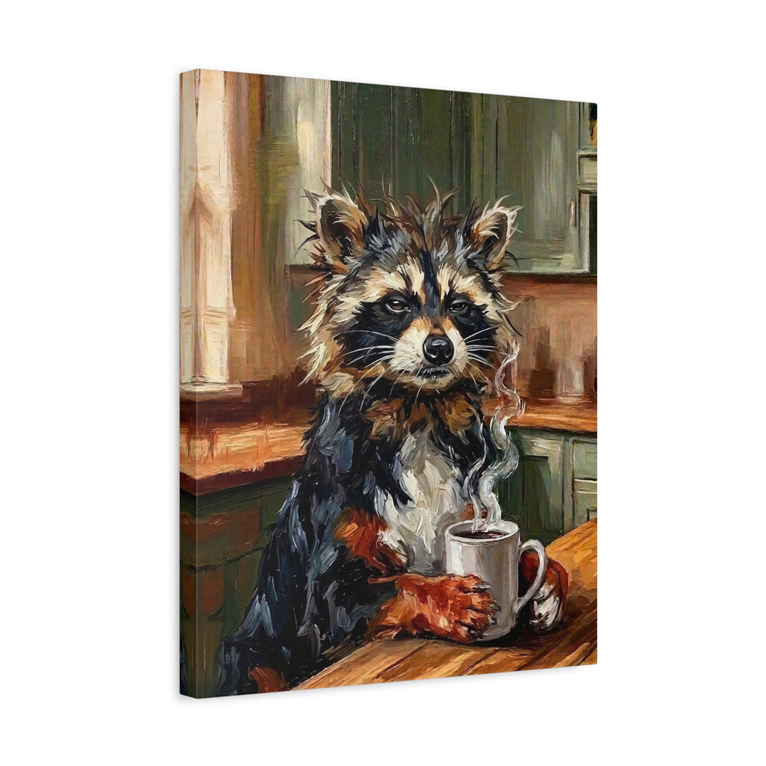 "Coffee & Silence" - Raccoon Vertical Canvas - Spirit Animal Wall Art