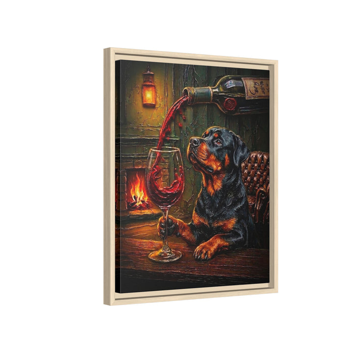 "Wine & Woof" - Rottweiler Vertical Framed Canvas - Dog Lover Wall Art
