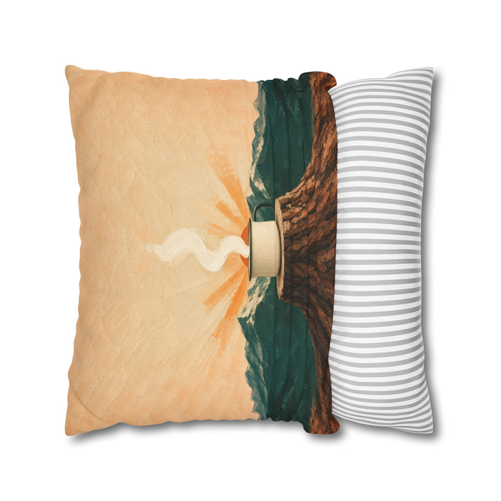 Enamel Mug Sunrise – Mountain Wall Art with a Steaming Cup on a Log – Pillow / Cover