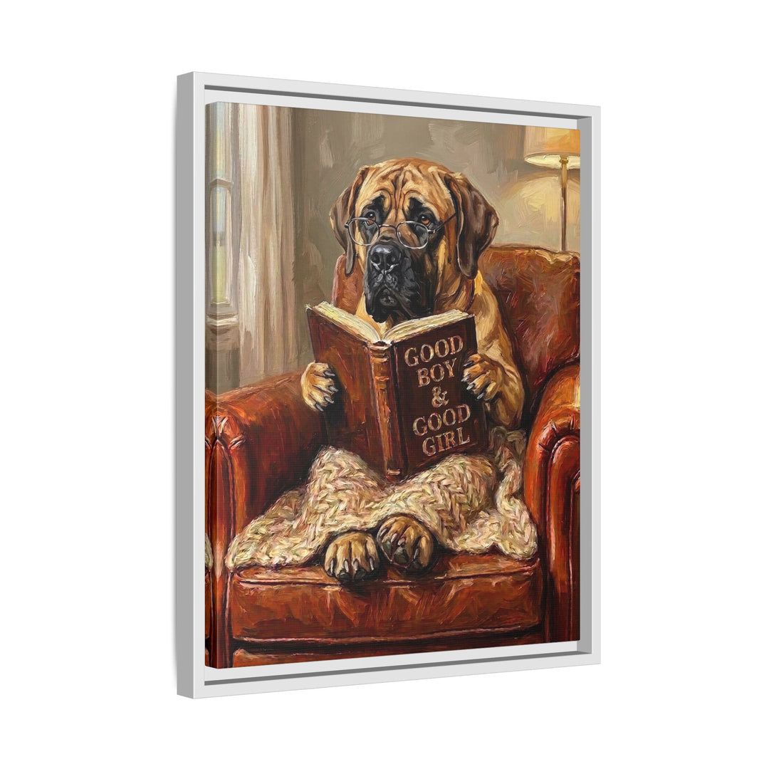 "Evening Read" - Mastiff Vertical Framed Canvas - Dog Lover Wall Art
