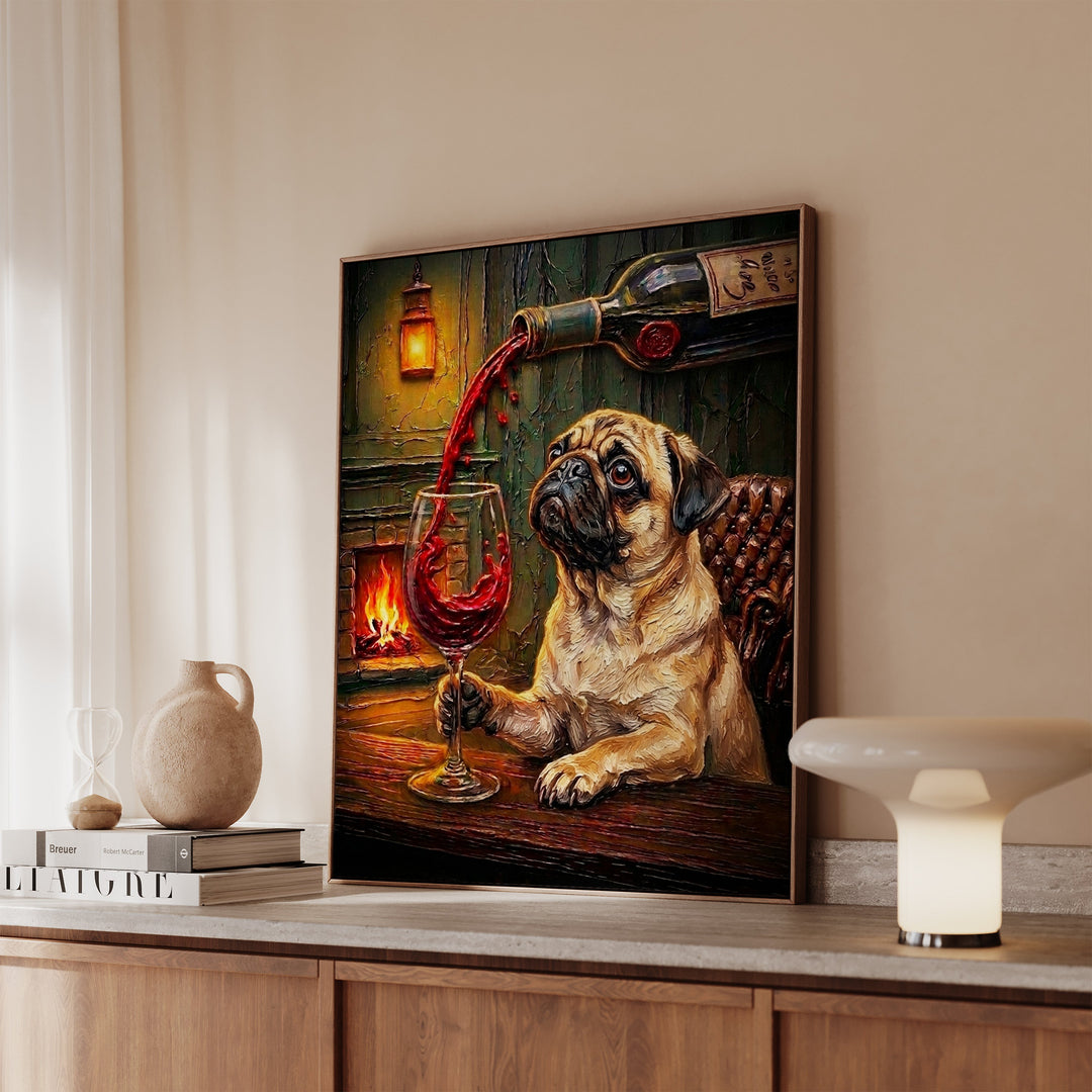 Pug Wine & Woof Framed Canvas