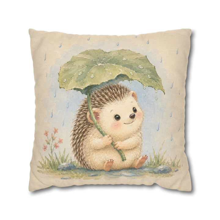 Woodland Small: Hedgehog – Woodland Nursery Art with a Leaf Umbrella in Rain – Pillow / Cover