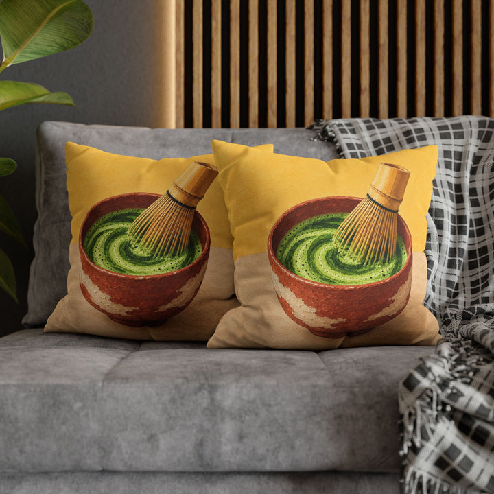 The Matcha Ceremony – Matcha Wall Art with a Bamboo Whisk and Green Spiral – Pillow / Cover