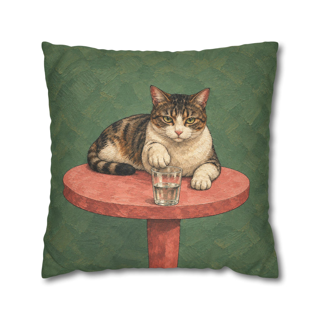 The Gravity Test – Funny Cat Art with a Paw Above the Table Edge – Pillow / Cover