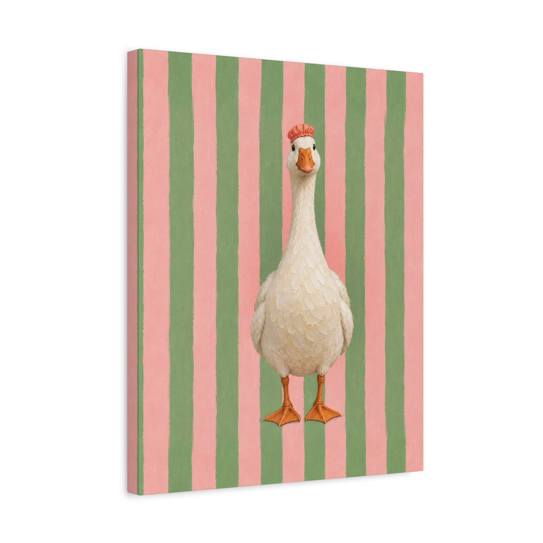 Sunday Best – Goose Art with a Shower Cap on Pink Sage Stripes – Canvas / Framed Canvas