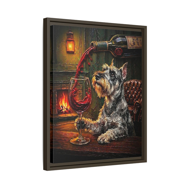 "Wine & Woof" - Schnauzer Vertical Framed Canvas - Dog Lover Wall Art