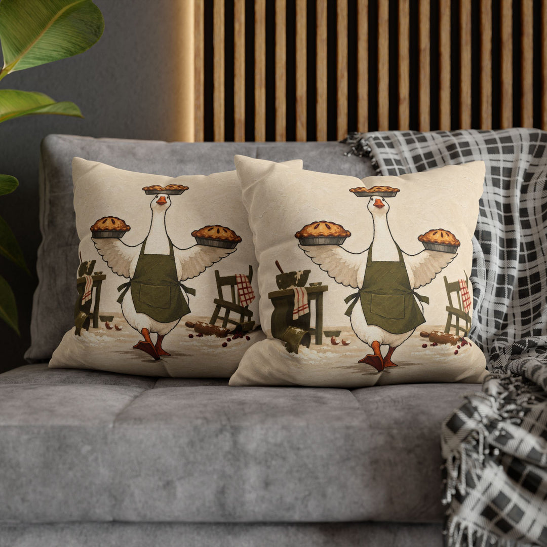 Hostess Goose – Goose Art with an Apron and Three Balanced Pies – Pillow / Cover