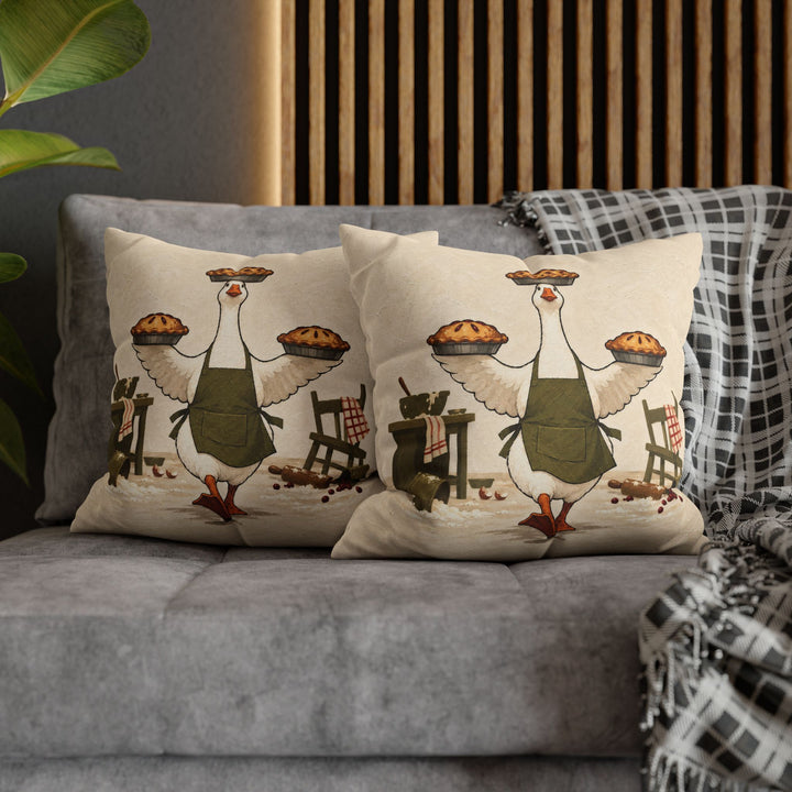 Hostess Goose – Goose Art with an Apron and Three Balanced Pies – Pillow / Cover