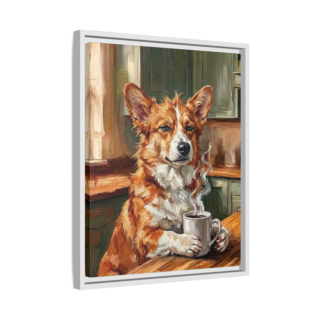 "Before Coffee" - Corgi Vertical Framed Canvas - Dog Lover Wall Art