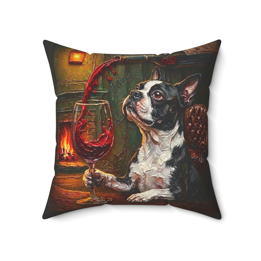 "Wine & Woof" - Boston Terrier Throw Pillow - Dog Lover Home Decor