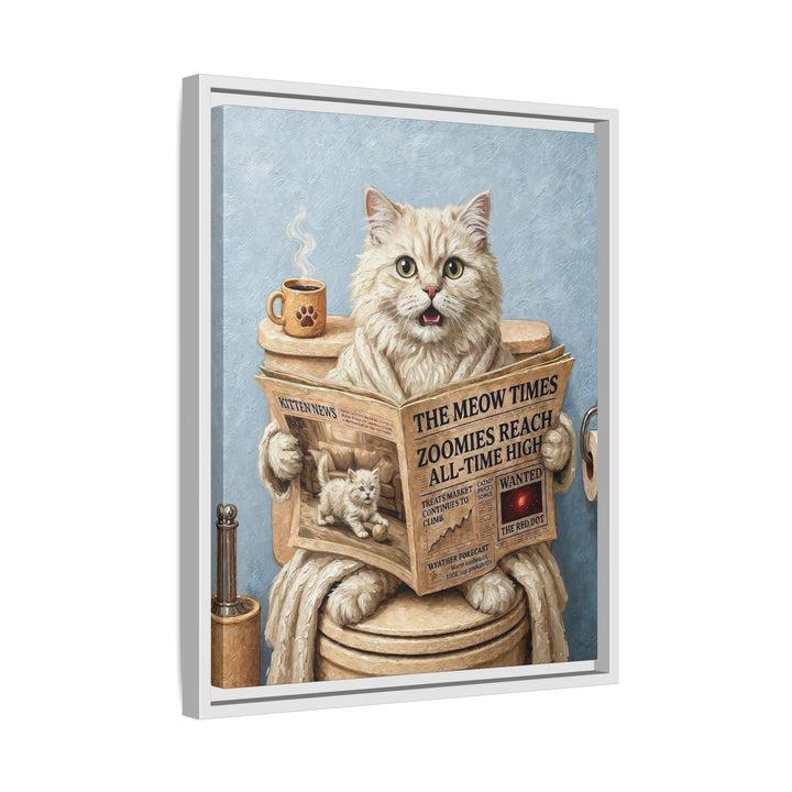 "Morning Business" - Fluffy White Cream Longhair Vertical Framed Canvas - Cat Lover Wall Art