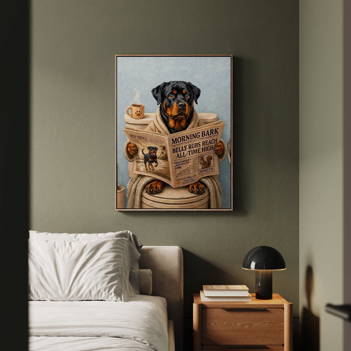 "Morning Business" - Rottweiler Vertical Framed Canvas - Dog Lover Wall Art