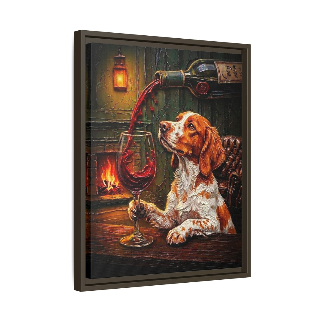 "Wine & Woof" - Brittany Spaniel Vertical Framed Canvas - Dog Lover Wall Art
