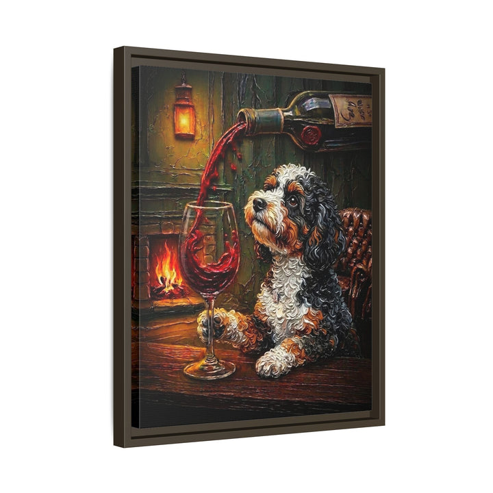 "Wine & Woof" - Bichon Frise Vertical Framed Canvas - Dog Lover Wall Art