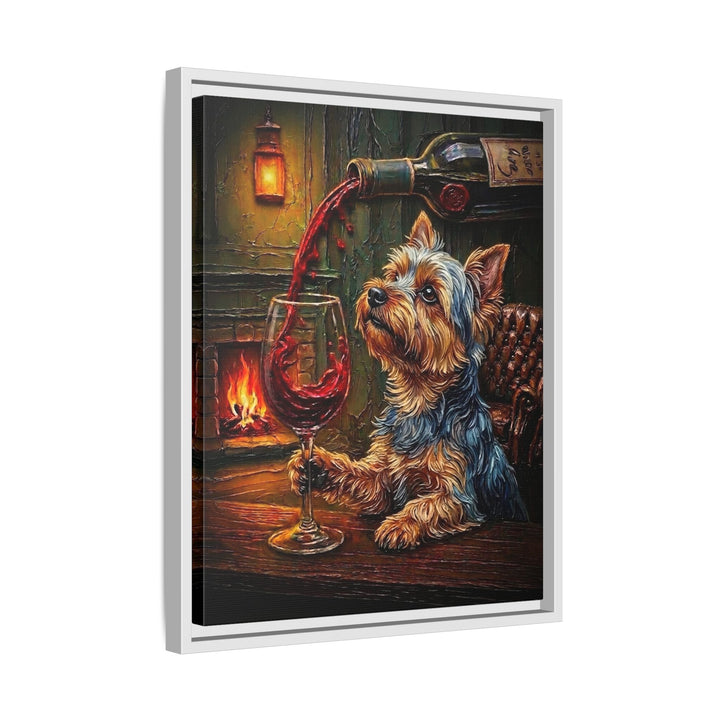 "Wine & Woof" - Yorkie Vertical Framed Canvas - Dog Lover Wall Art