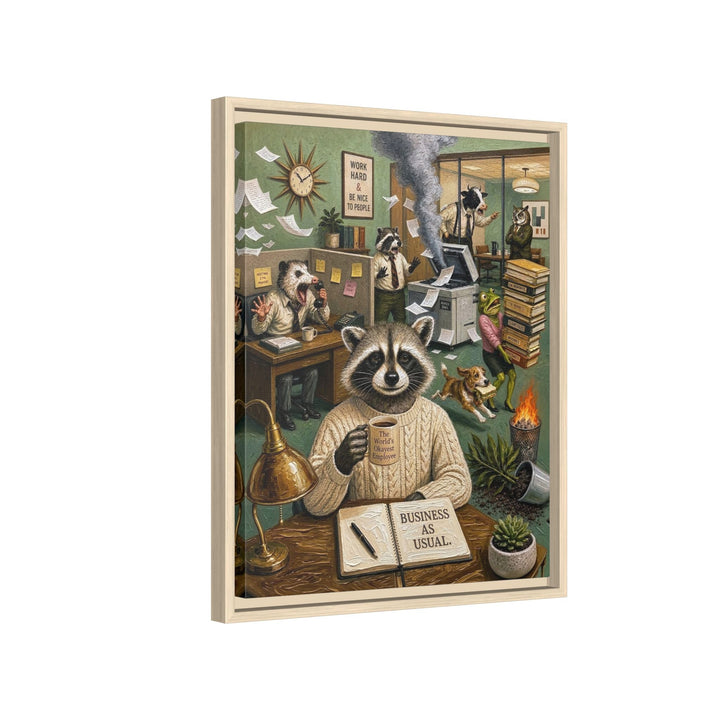 "Business As Usual" - Raccoon Vertical Framed Canvas - Dark Burnout Humor Wall Art