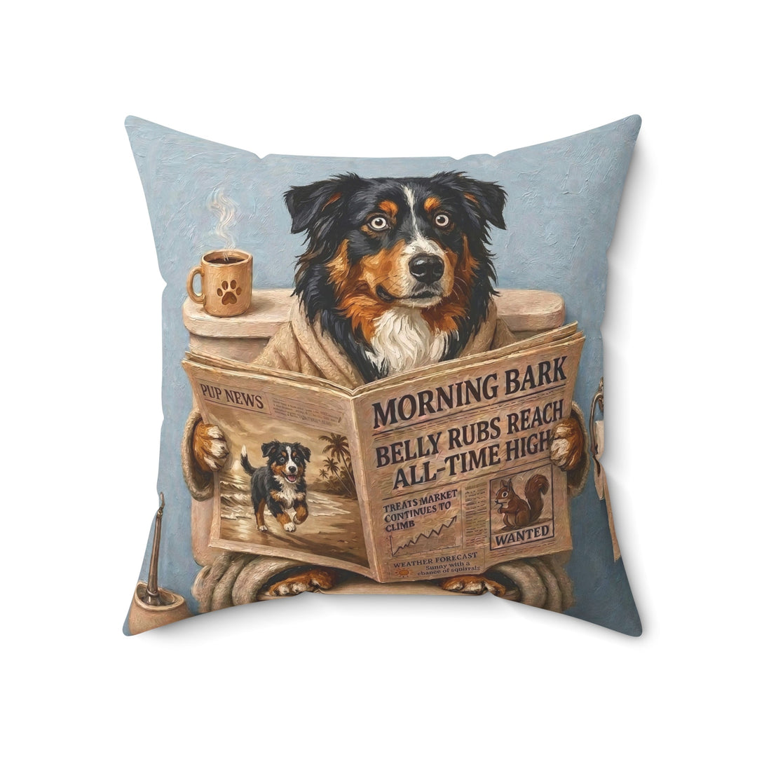 Australian Shepherd on the Toilet Funny Throw Pillow, Newspaper Reading Dog Pillow Cover, Gag Gift