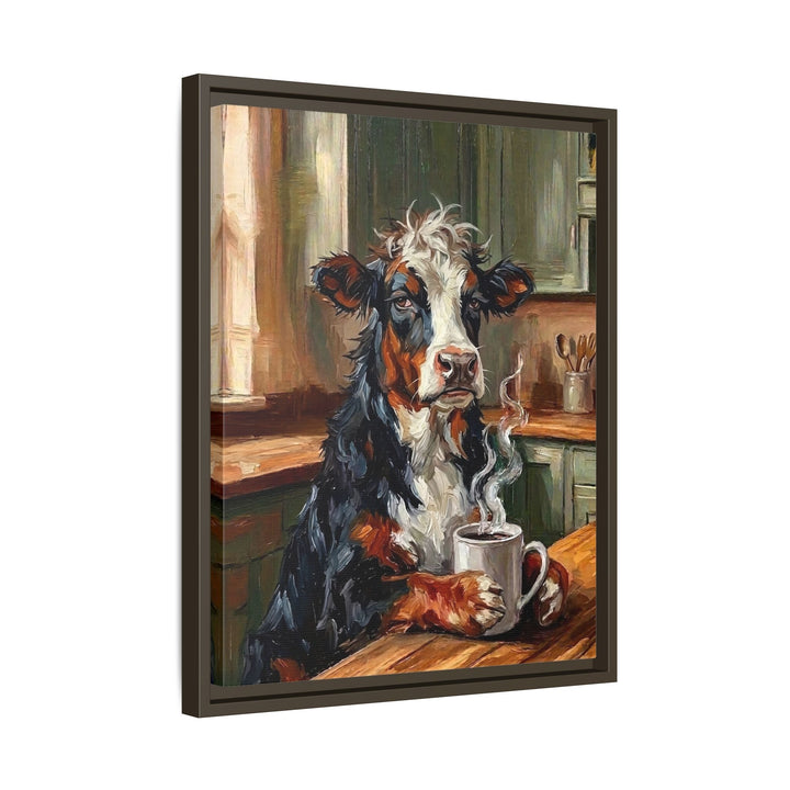 "Coffee & Silence" - Cow Vertical Framed Canvas - Spirit Animal Wall Art