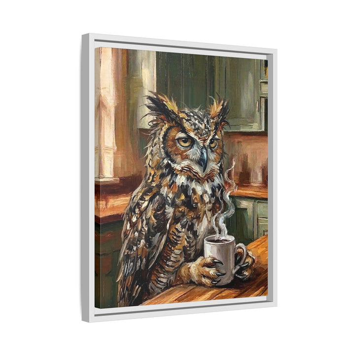 "Coffee & Silence" - Owl Vertical Framed Canvas - Spirit Animal Wall Art