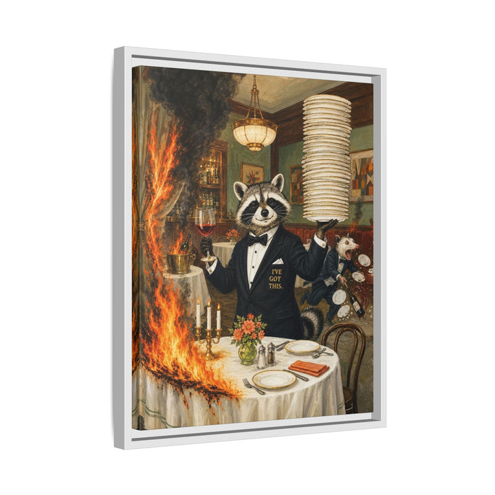 "I've Got This" - Raccoon Vertical Framed Canvas - Dark Burnout Humor Wall Art