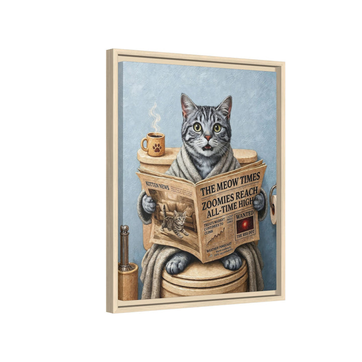 "Morning Business" - Grey Silver Tabby Vertical Framed Canvas - Cat Lover Wall Art
