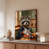 "Coffee & Silence" - Raccoon Vertical Framed Canvas - Spirit Animal Wall Art