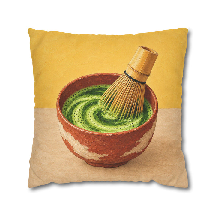 The Matcha Ceremony – Matcha Wall Art with a Bamboo Whisk and Green Spiral – Pillow / Cover