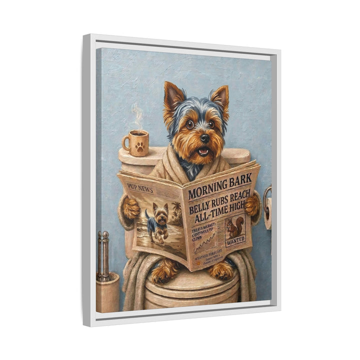 "Morning Business" - Yorkie Vertical Framed Canvas - Dog Lover Wall Art