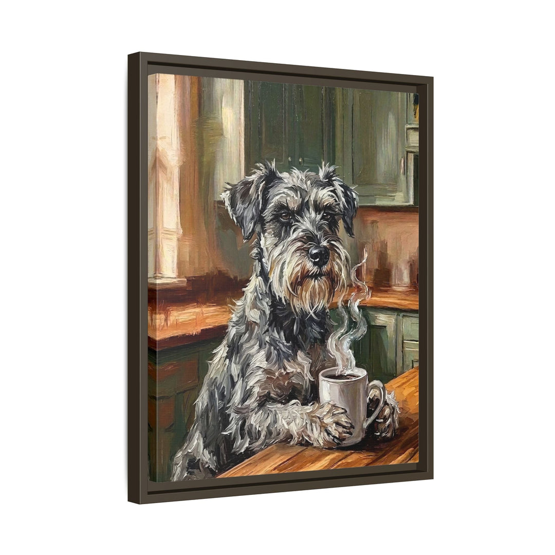 "Before Coffee" - Schnauzer Vertical Framed Canvas - Dog Lover Wall Art