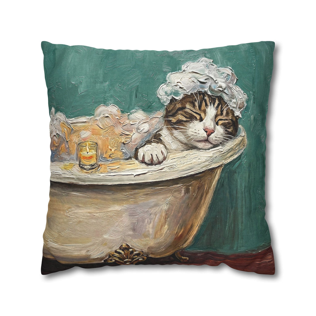 "Spa Day" - Brown Tabby & White Throw Pillow - Cat Lover Home Decor