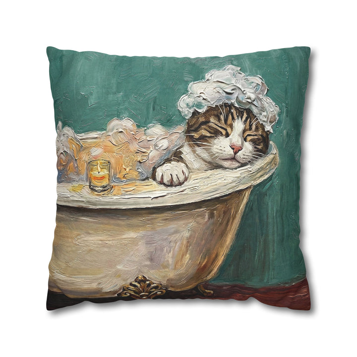 "Spa Day" - Brown Tabby & White Throw Pillow - Cat Lover Home Decor