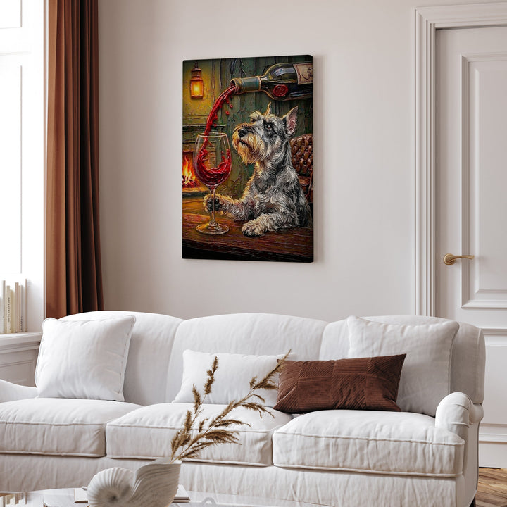 "Wine & Woof" - Schnauzer Vertical Canvas - Dog Lover Wall Art