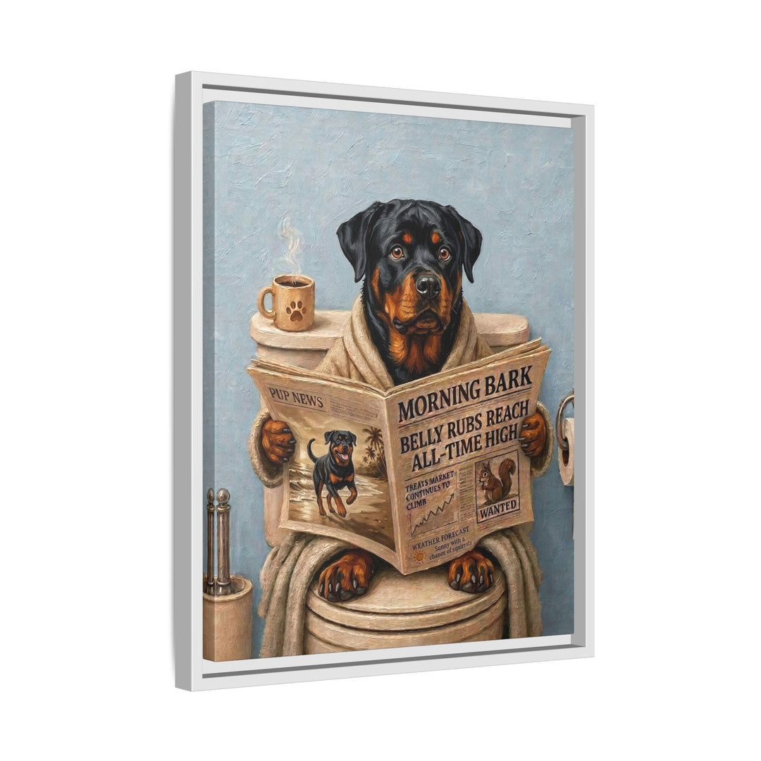 "Morning Business" - Rottweiler Vertical Framed Canvas - Dog Lover Wall Art