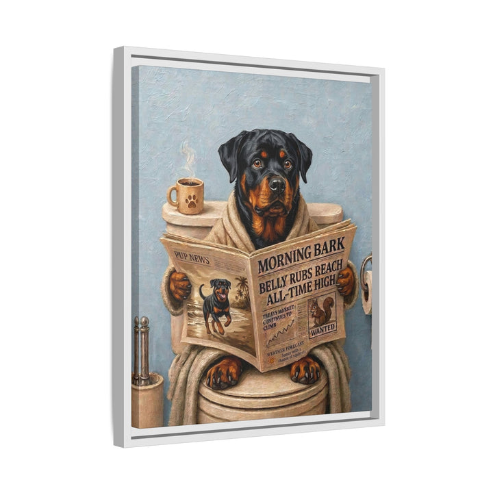 "Morning Business" - Rottweiler Vertical Framed Canvas - Dog Lover Wall Art