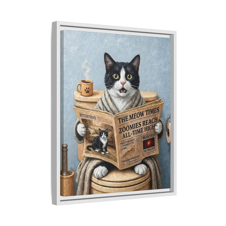"Morning Business" - Tuxedo Vertical Framed Canvas - Cat Lover Wall Art
