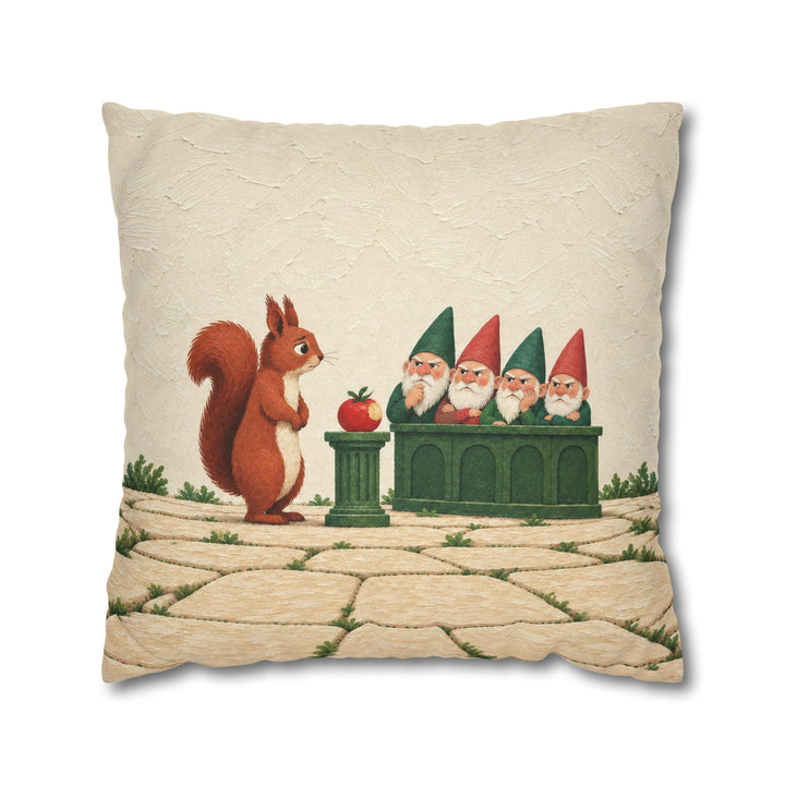 The Tomato Trials – Garden Wall Art with a Squirrel Before a Gnome Jury – Pillow / Cover
